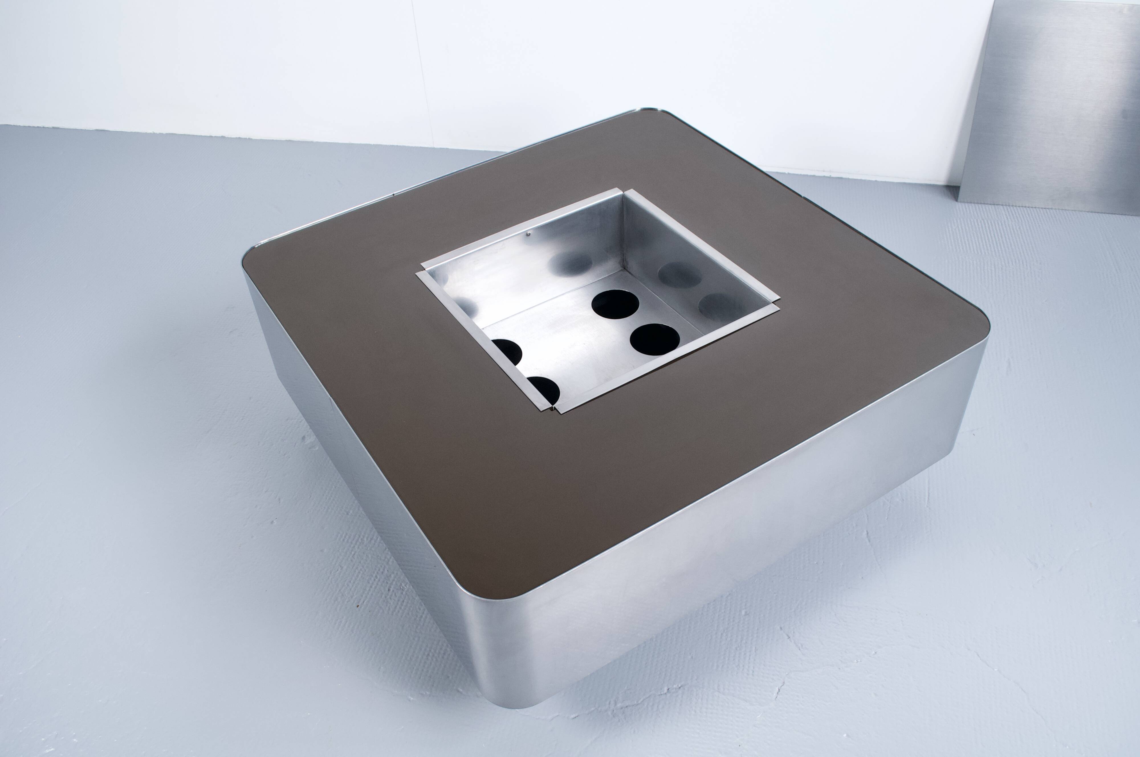 1970s COFFEE TABLE BAR BRUSHED STEEL AND BROWN MELAMINE