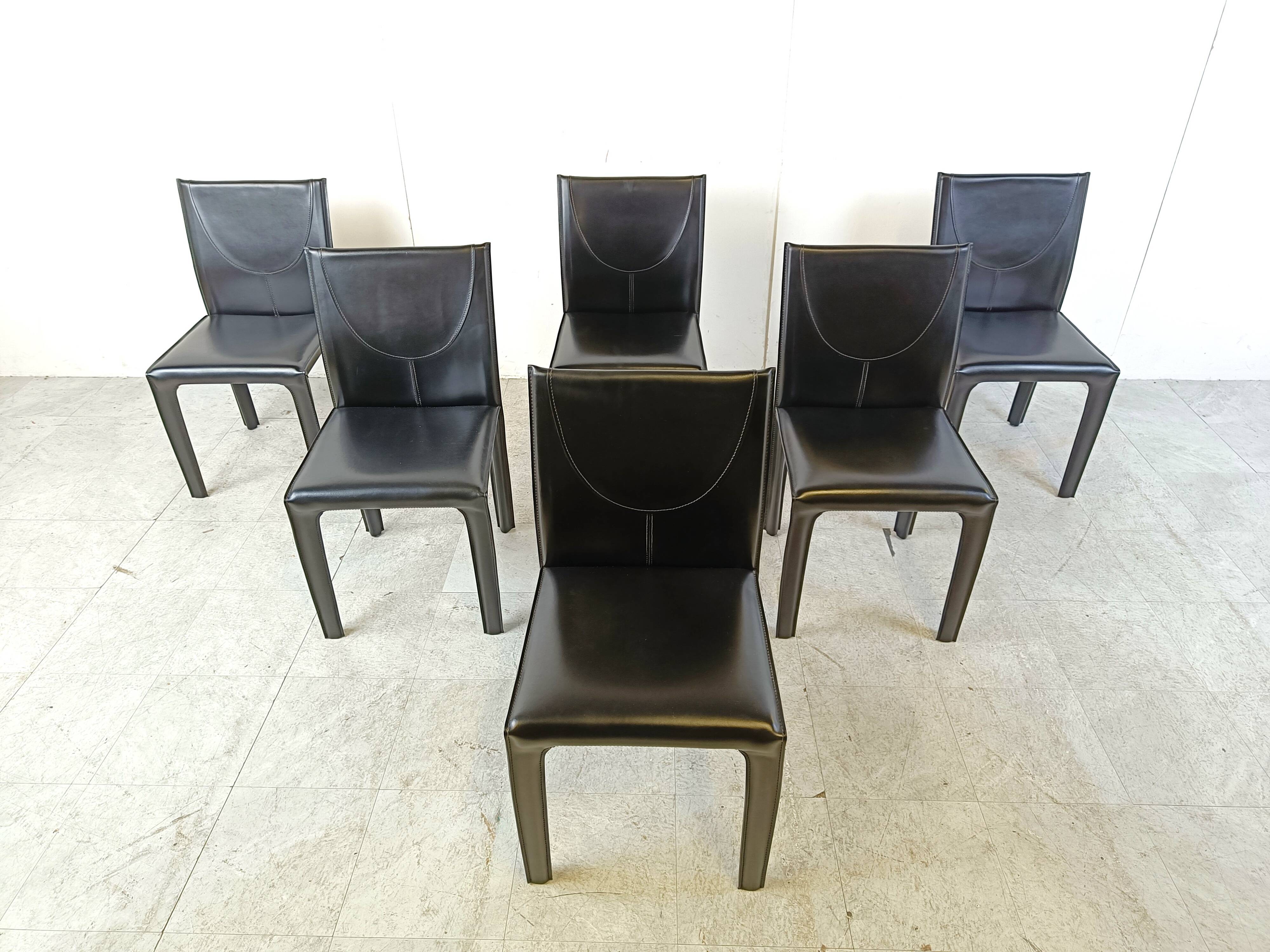 Black leather dining chairs by Arper italy, 1980s - set of 6