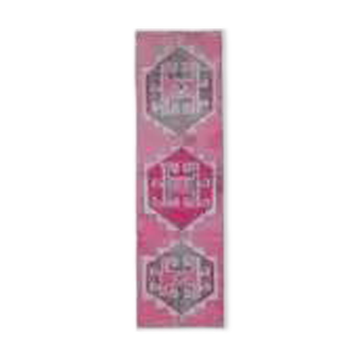 Vintage Turkish Hand-Knotted Wool Cotton Pink Runner Rug 80x264