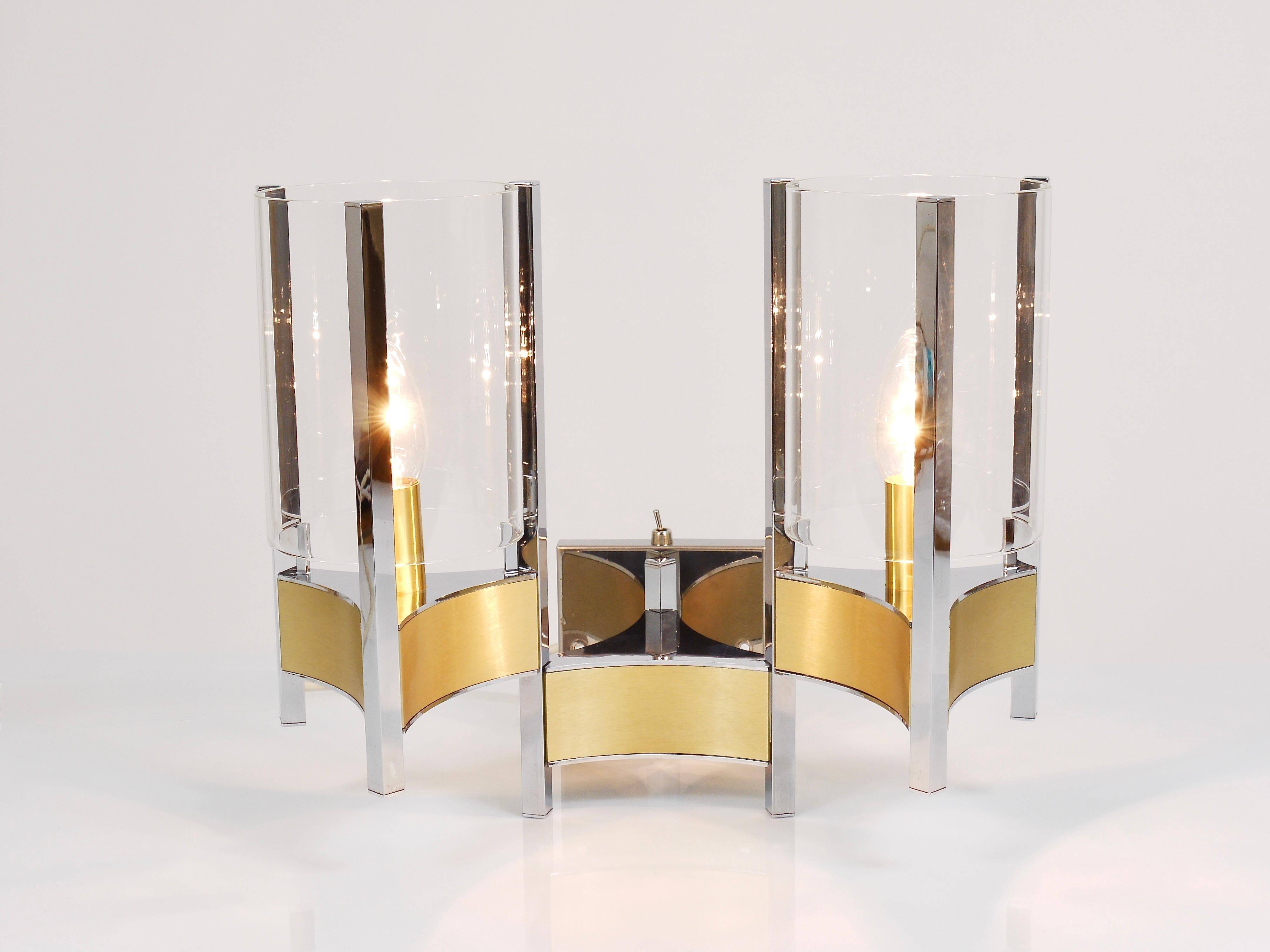 Gaetano Sciolari Large Wall Sconces / Sconces, Chrome, Brass, Glass, 1970s