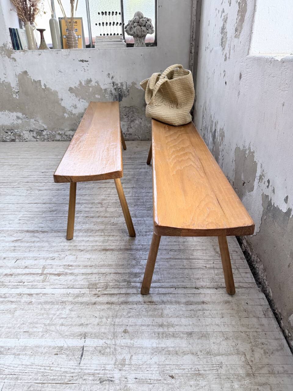 Pair of benches from the 1950s mountain furniture, pine.