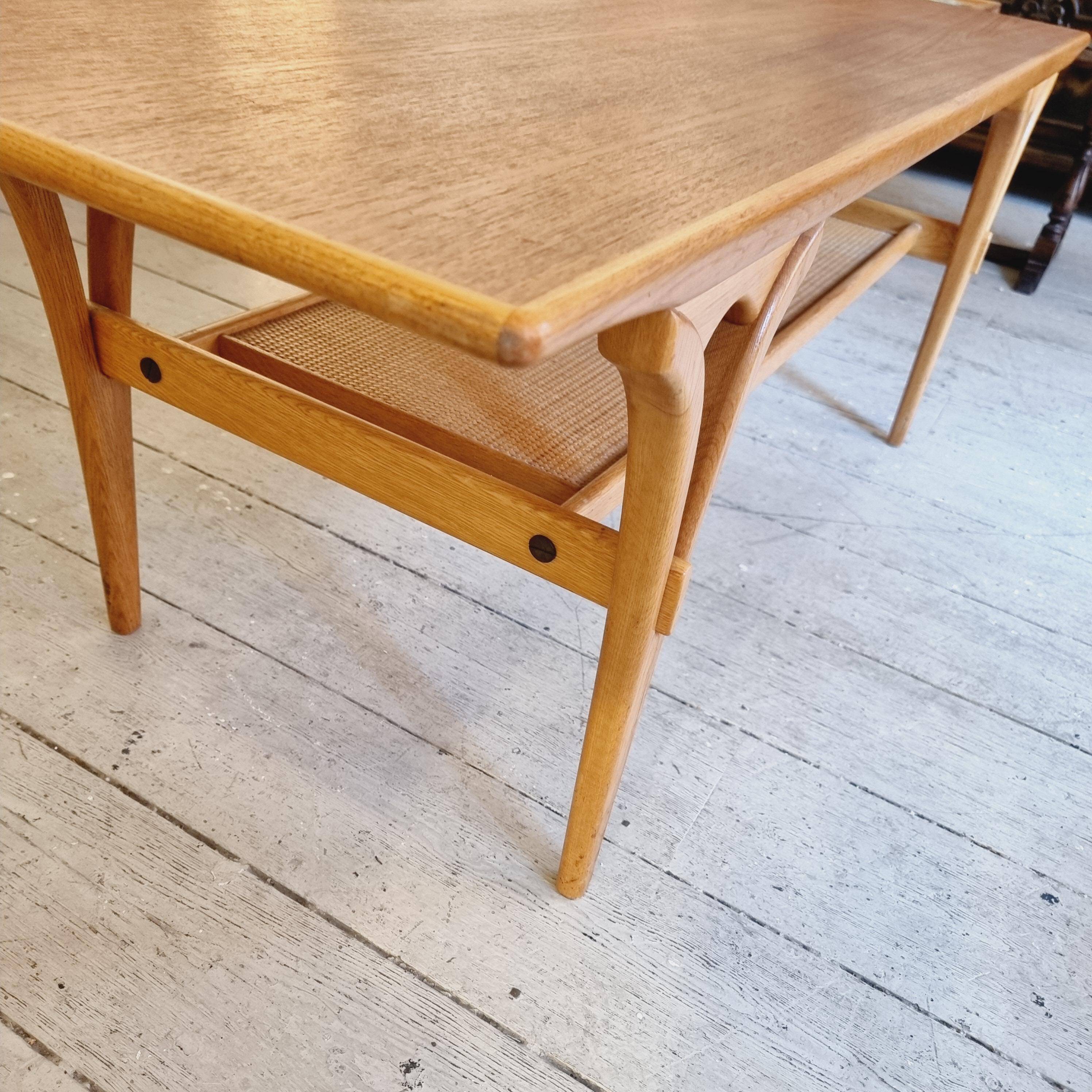 Birger Larsson, coffee table / side table, teak, oak and rattan. Modern Scandinavian.