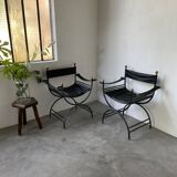Pair of leather “curule” emperor armchairs