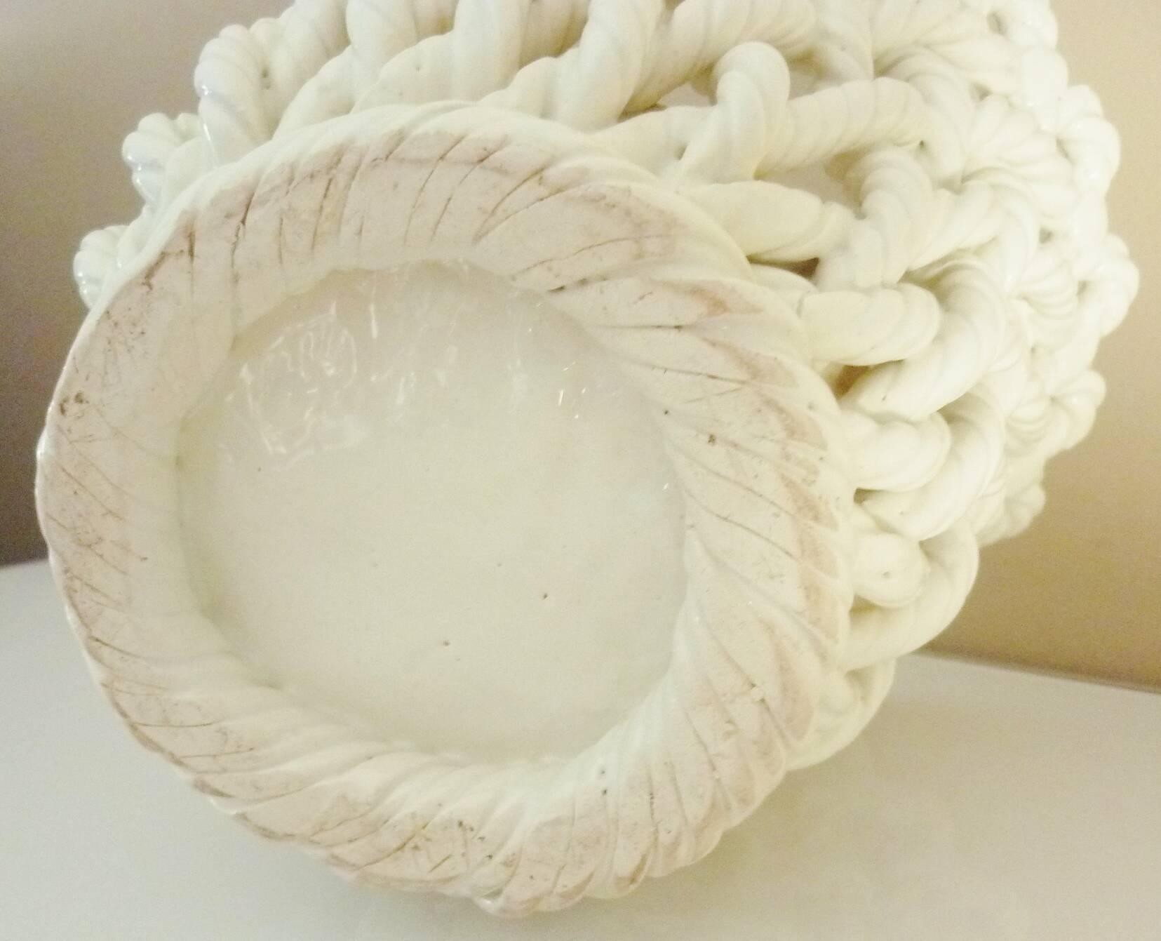 White enameled ceramic pot cover, braided, openwork, vintage