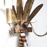 Vintage wall light with rush and leaves in sheet metal and gold metal