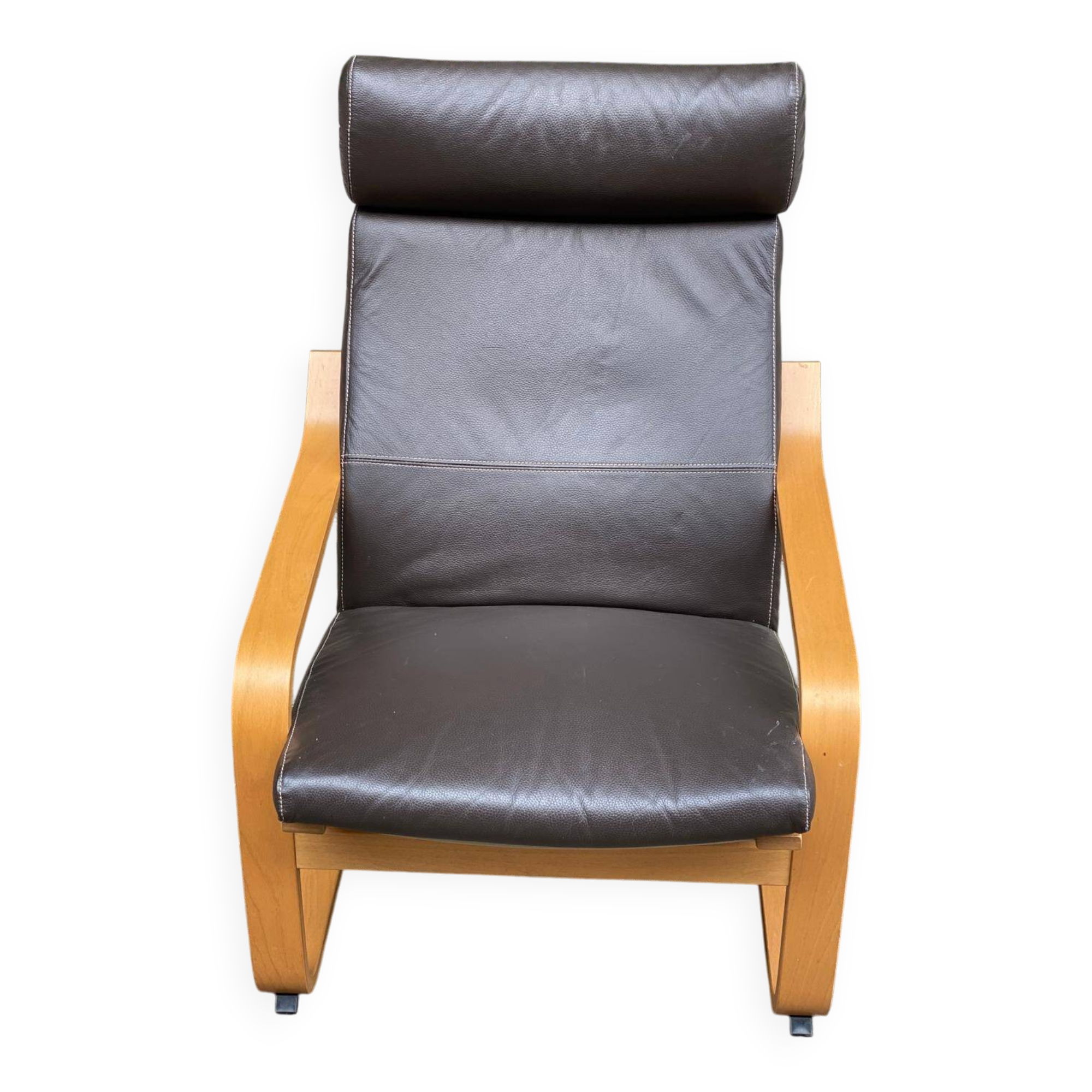 Fauteuil à bascule scandinave bois courbé et cuir marron ikea poang