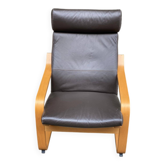 Scandinavian rocking chair in curved wood and brown leather from IKEA Poang