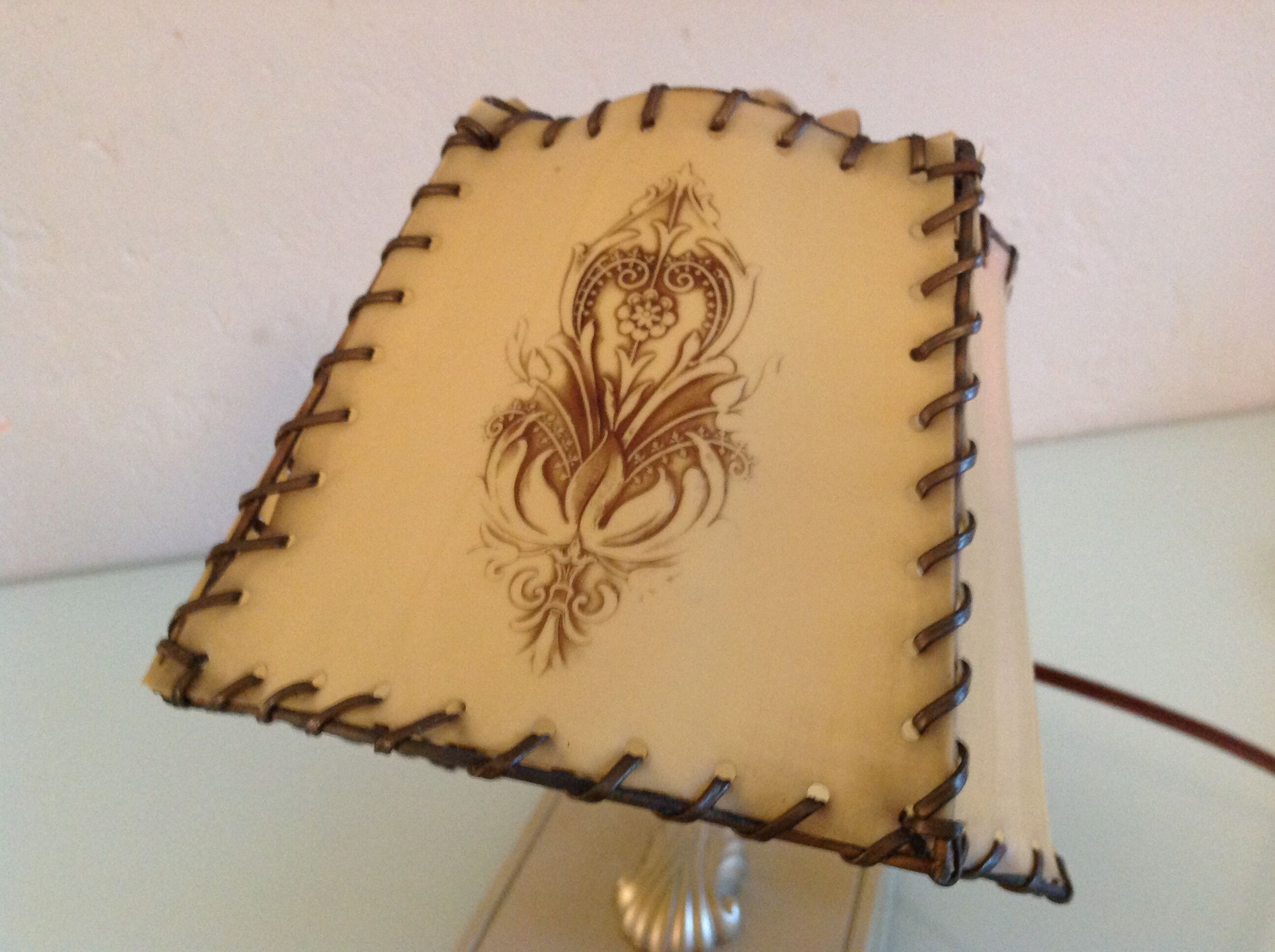 Brass bedside lamp and beige lampshade art deco style
