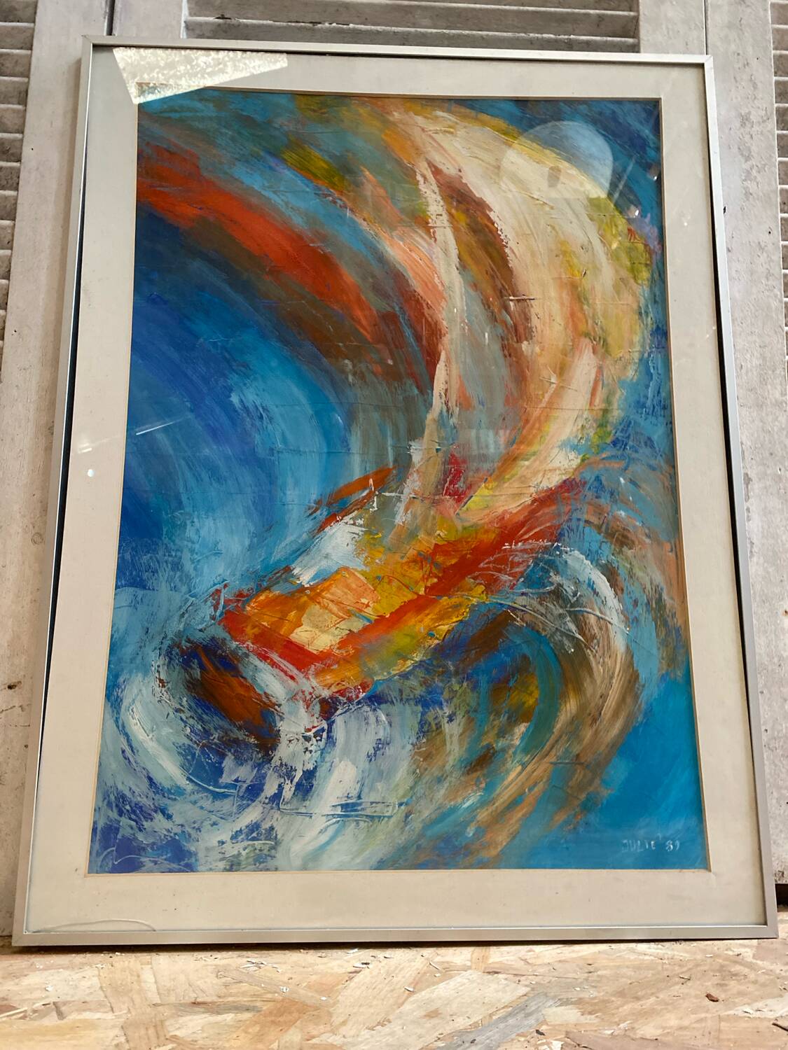 Old Oil On Paper JULIE Boat 89 + Grey Aluminum Frame