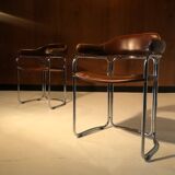 Pair of vintage armchairs, cognac leather and chrome steel 1970