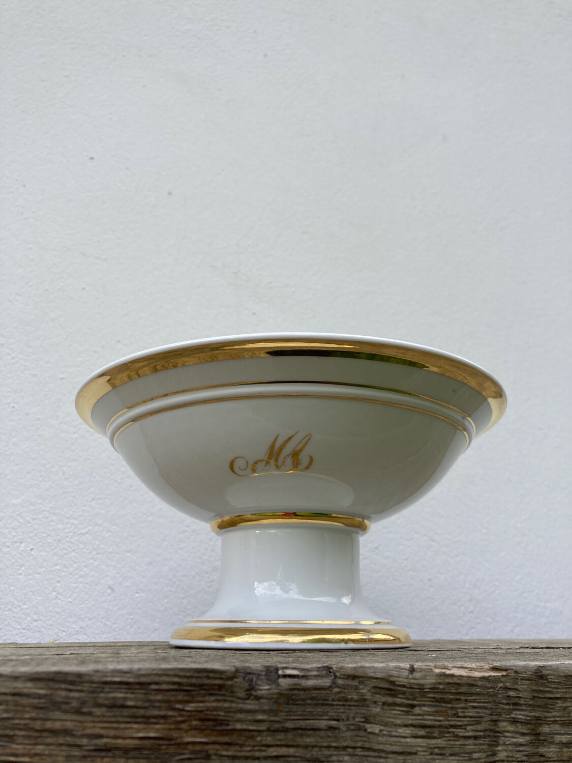 Antique monogrammed white and gilded porcelain compotier
