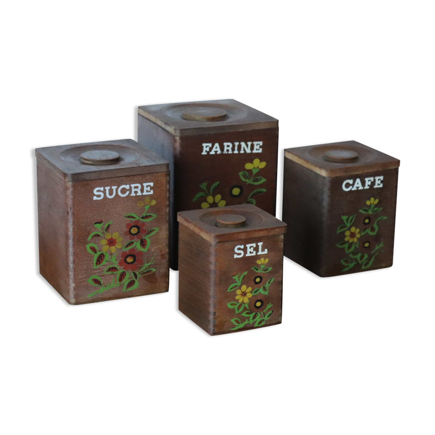 4 vintage wooden spice boxes 70s