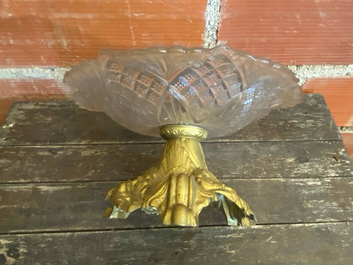 Antique art nouveau fruit bowl moulded glass + golden metal pedestal