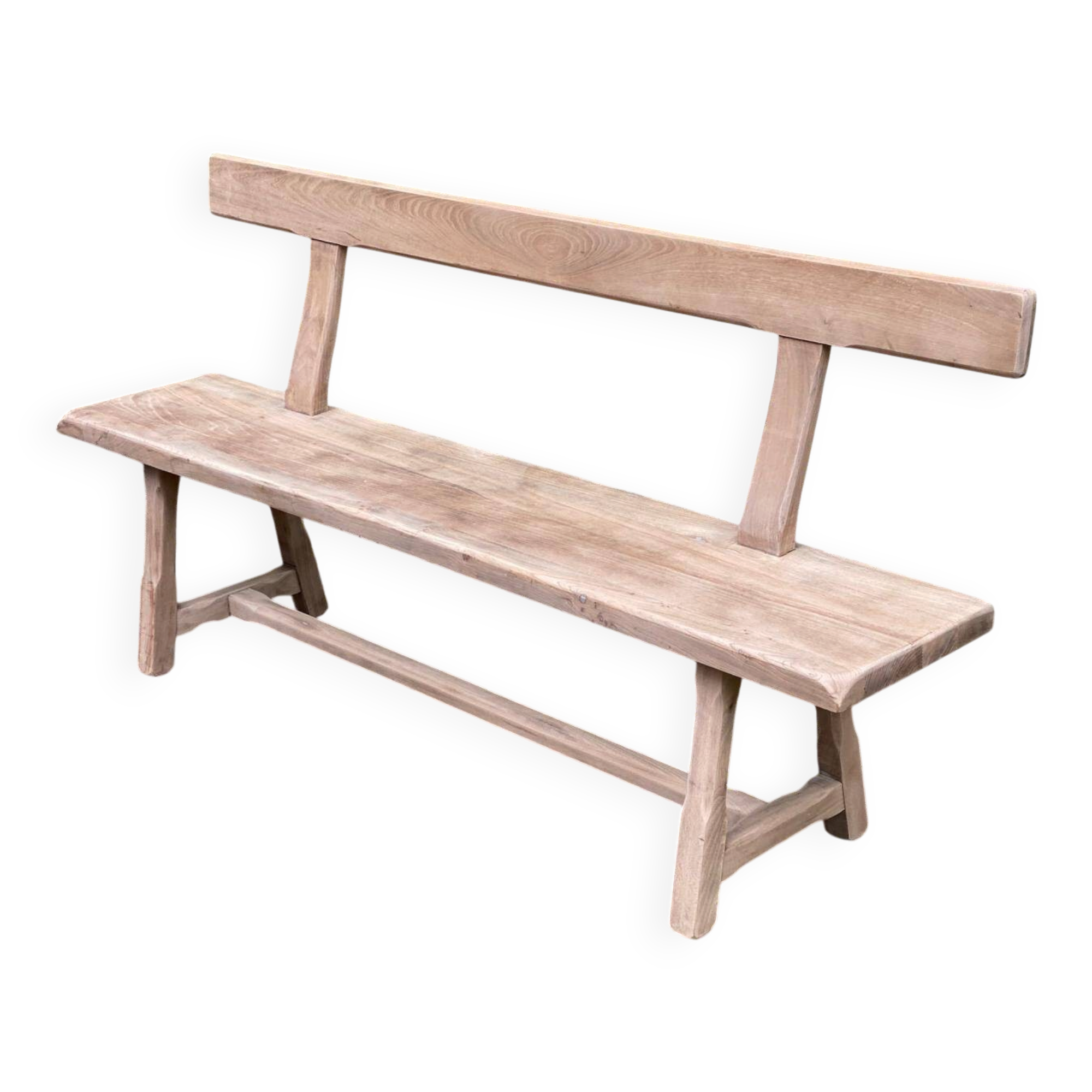 Renovated vintage farmhouse bench with a backrest in solid oak from the 20th century, 180cm.