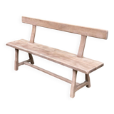 Renovated vintage farmhouse bench with a backrest in solid oak from the 20th century, 180cm.