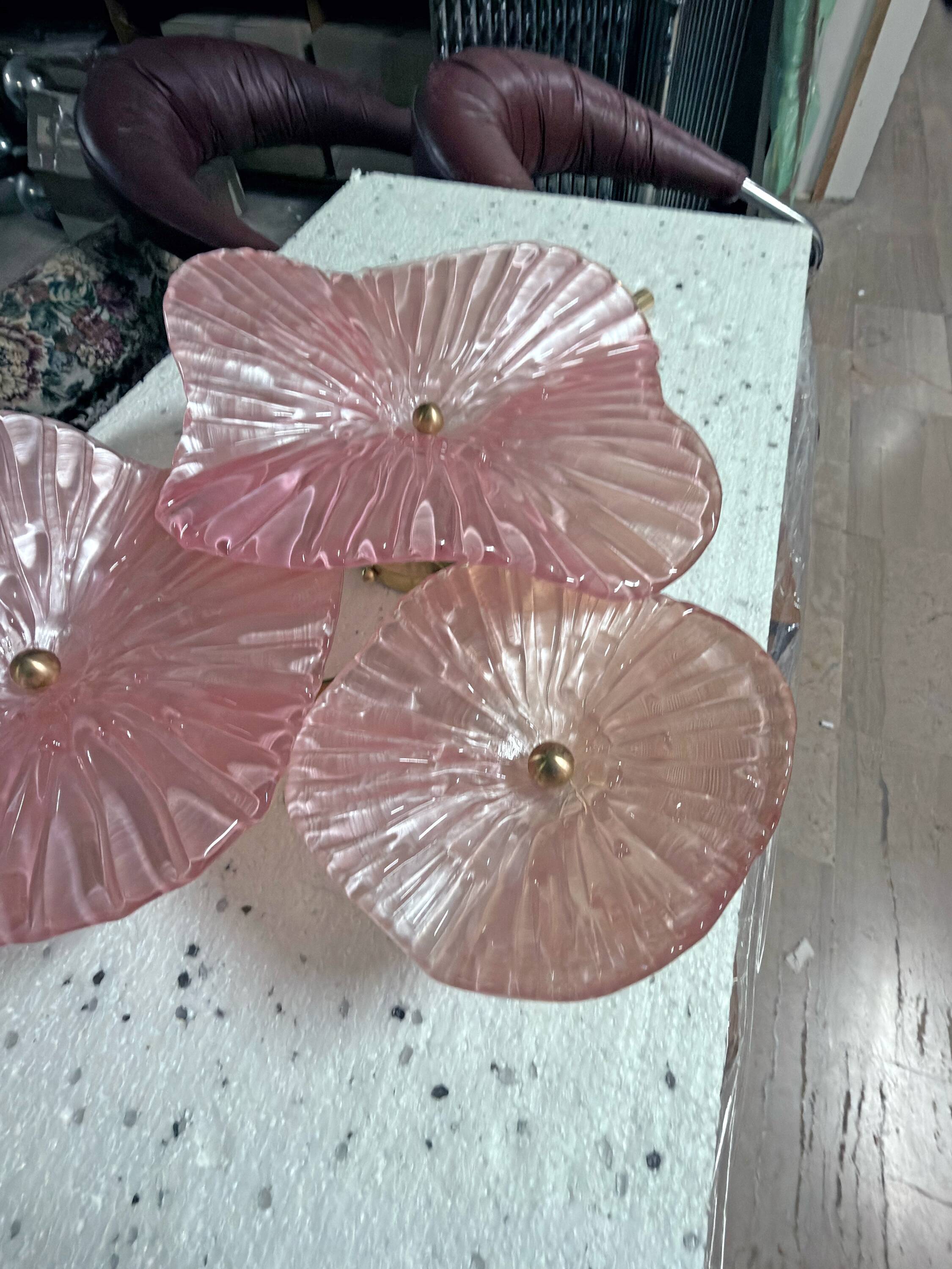Pair of pearly pink Murano glass and brass wall lights