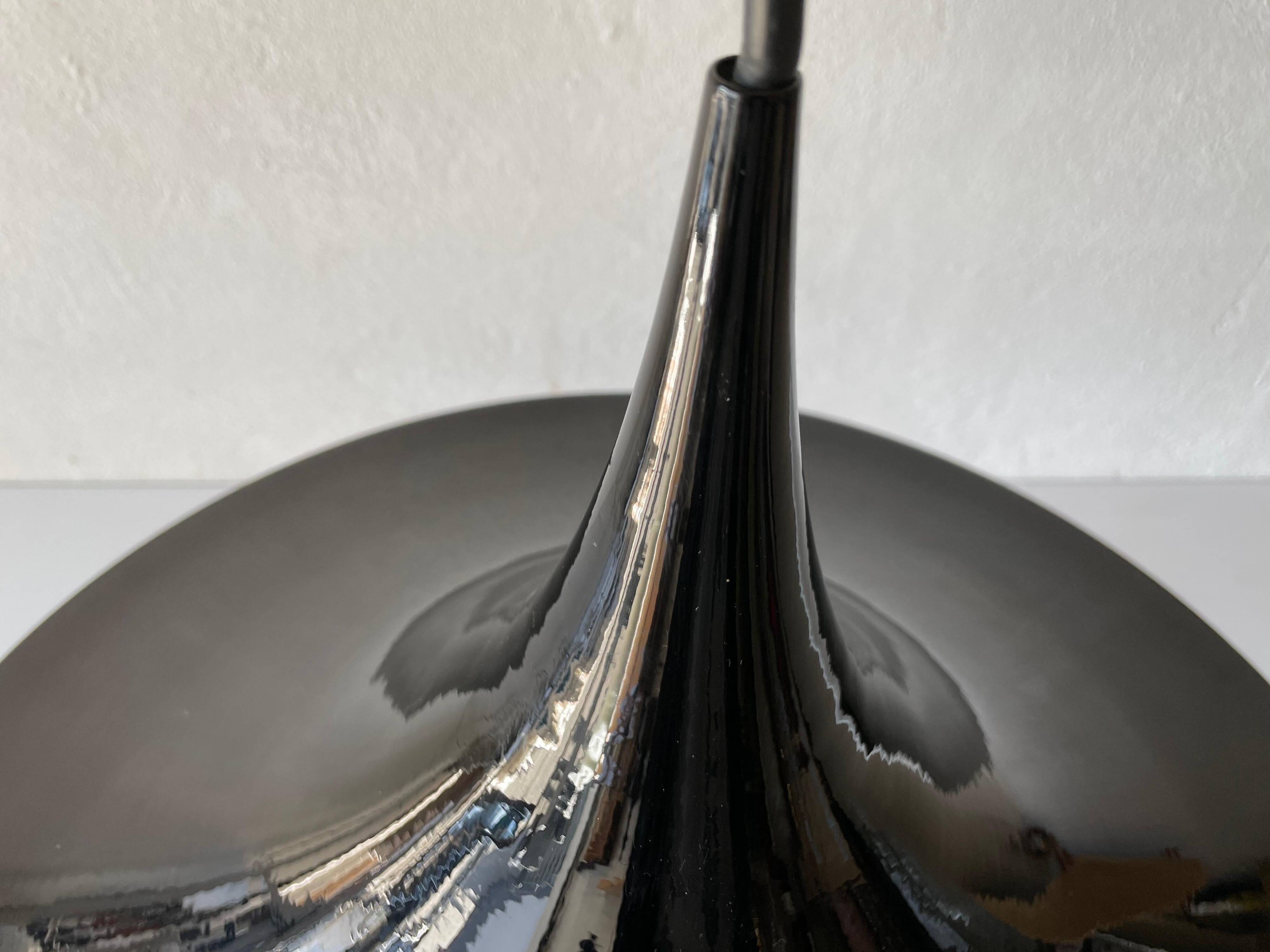 Black metal pendant lamp with trumpet design, 1960s, Italy.