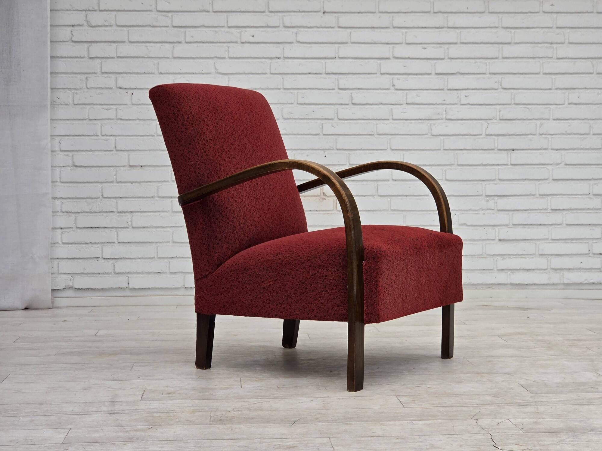 1950s, Danish art deco armchair, original red furniture wool, beech wood.