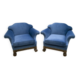 Pair of 19th Century Neo Renaissance Oak and Blue Velvet Italian Armchairs