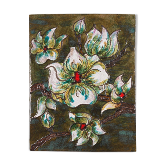 Nature morte aux fleurs vintage peinte à la main glaçure sur céramique Ruschka années 60