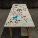 Vintage table in rattan Audoux and Minnet and ceramics Chassin 1950