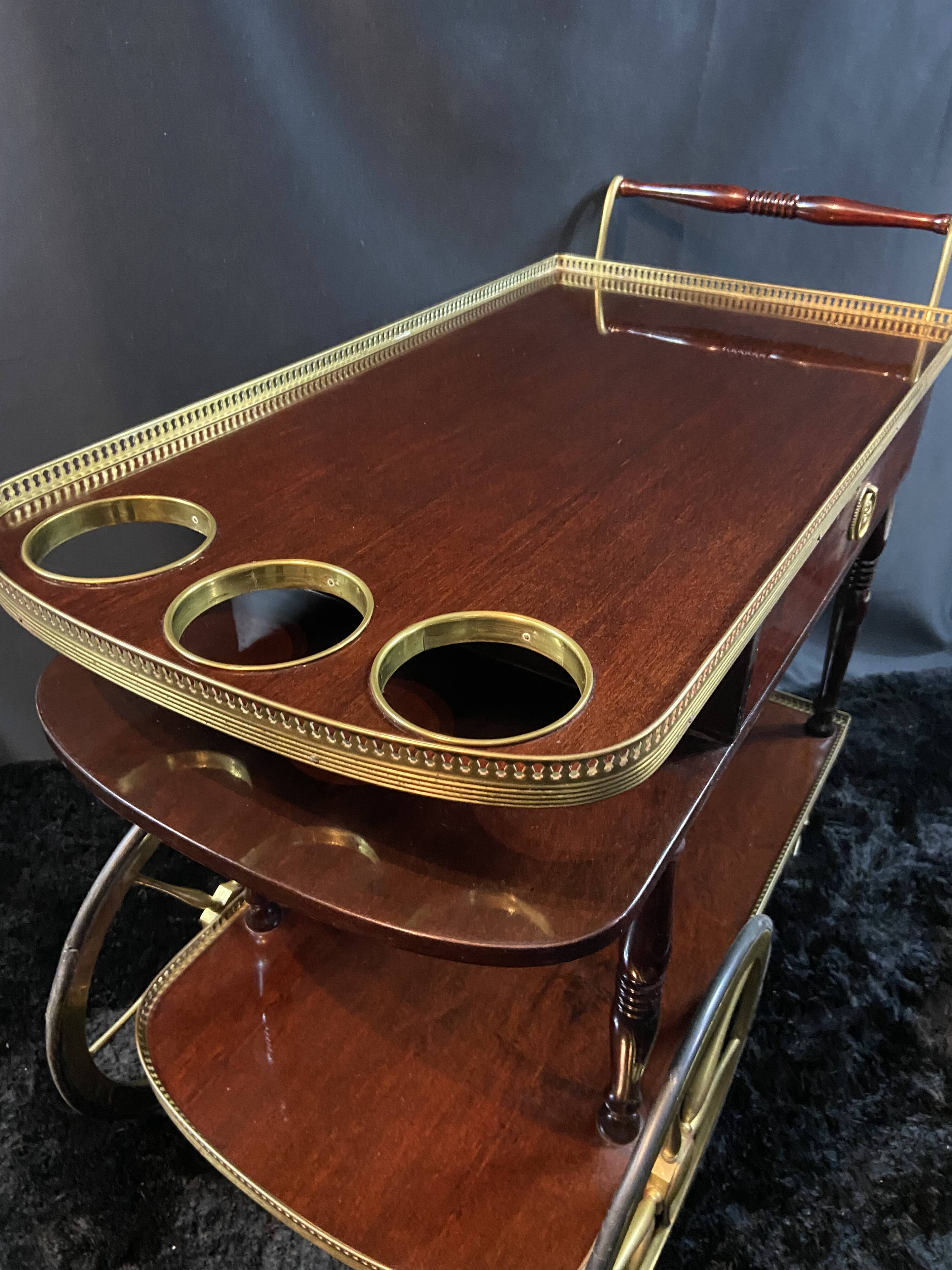 Rolling bar cart, bar trolley, bar rolling in varnished mahogany and brass