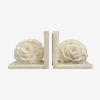 Pair of vintage alabaster bookends decor flower 1970