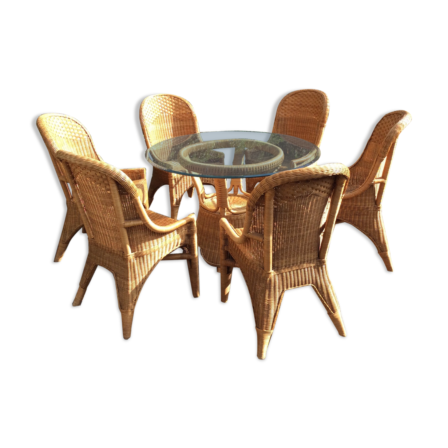 Vintage rattan set dining table and its 6 chairs