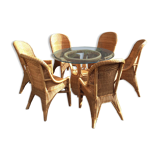 Vintage rattan set dining table and its 6 chairs