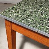 Table de ferme en bois plateau vert moucheté