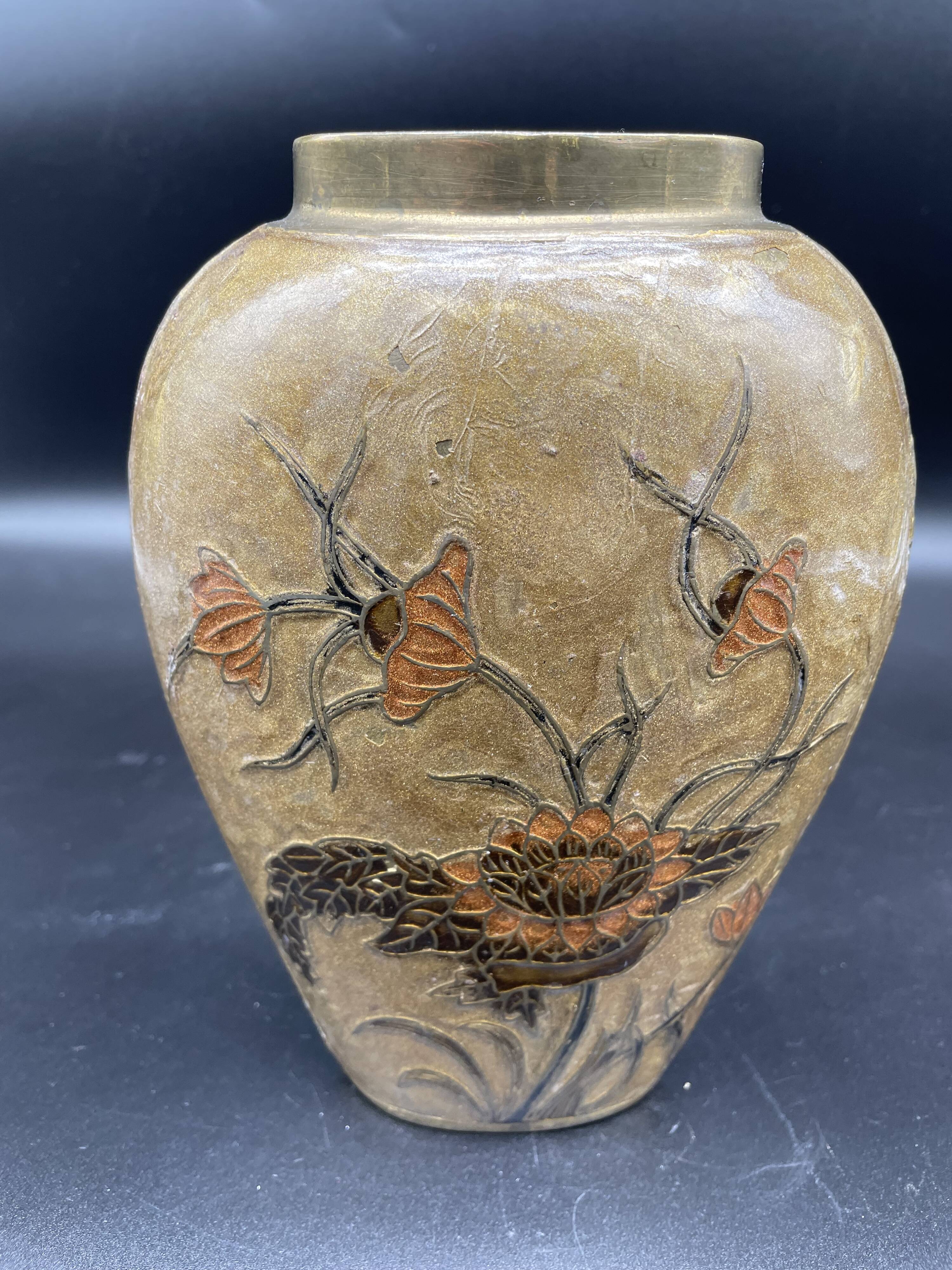 Vase, oblong shape, solid brass, bronze color, cloisonné enamel, floral decoration, flower, orange