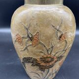 Vase, oblong shape, solid brass, bronze color, cloisonné enamel, floral decoration, flower, orange