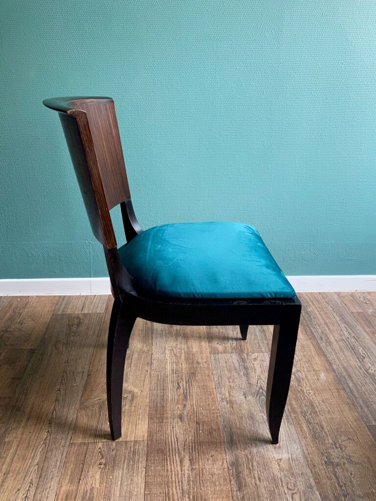 Suite of 6 Art Deco 1935 Macassar ebony chairs restored seats