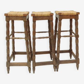 Set of 3 high stools in wood and straw
