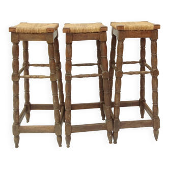 Lot 3 tabourets  haut en bois et paille