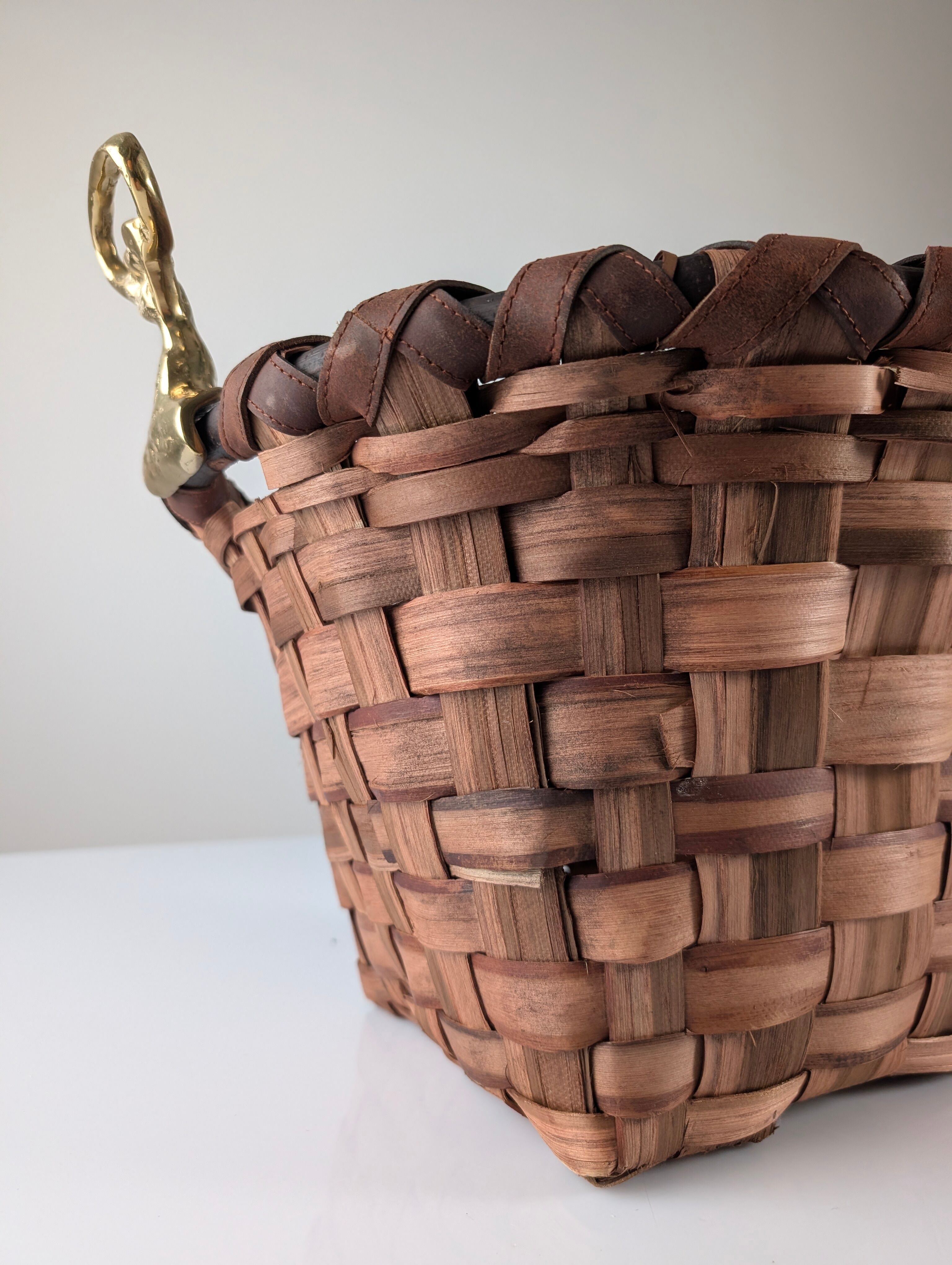 David Marshall brutalist splint wood and cast brass basket, 1970s