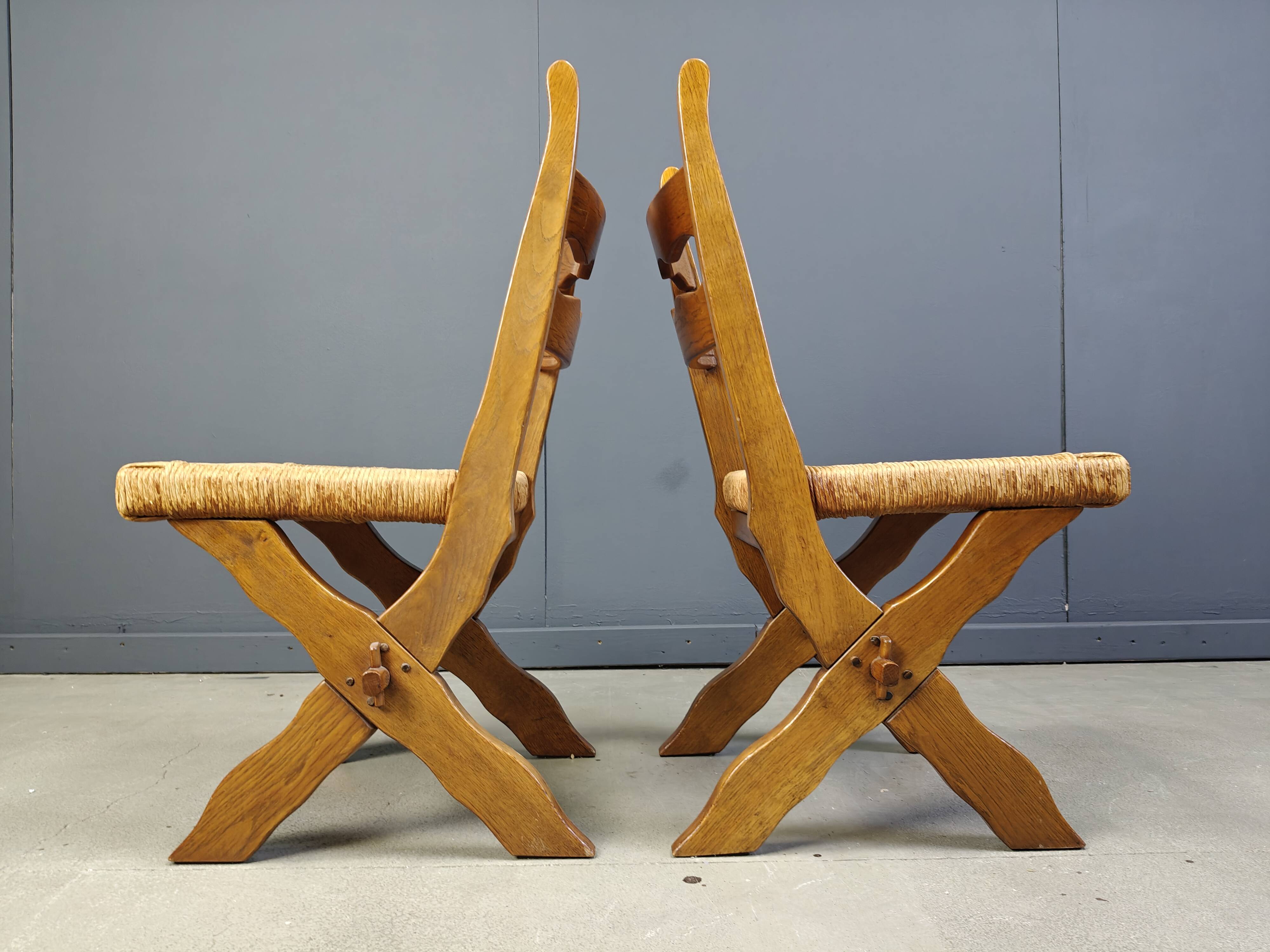 Vintage oak and wicker brutalist chairs, 1960s - set of 6