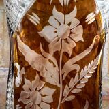 Large amber crystal vase – Engraved floral decoration – 29 cm