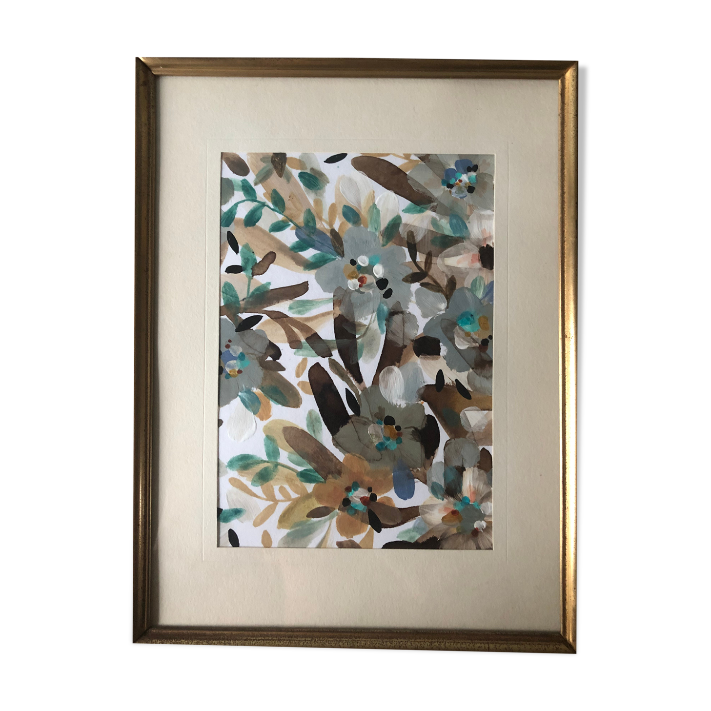 Peinture acrylique encadrée feuillage et lumière dorée