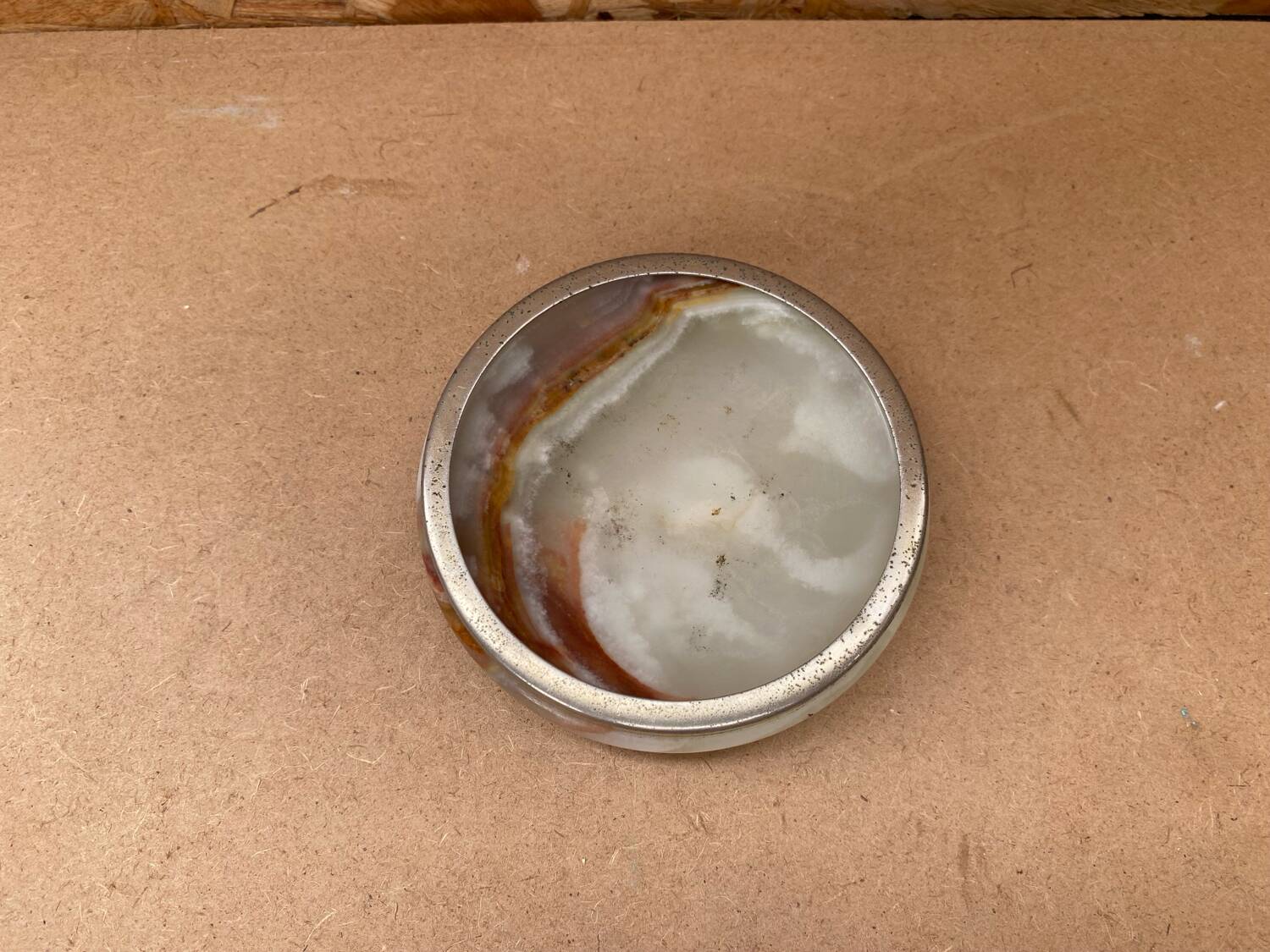 Antique Alabaster Ashtray + Brass Surround Vintage Smoker Accessories #B181