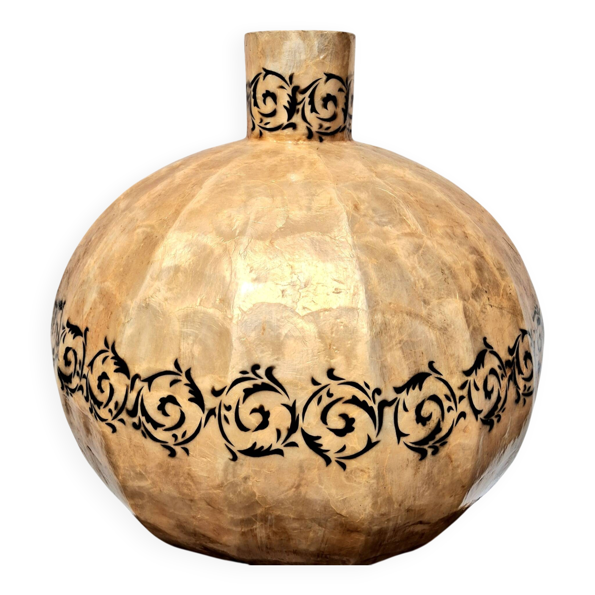 Large mother-of-pearl vase with arabesque decoration, vintage design.