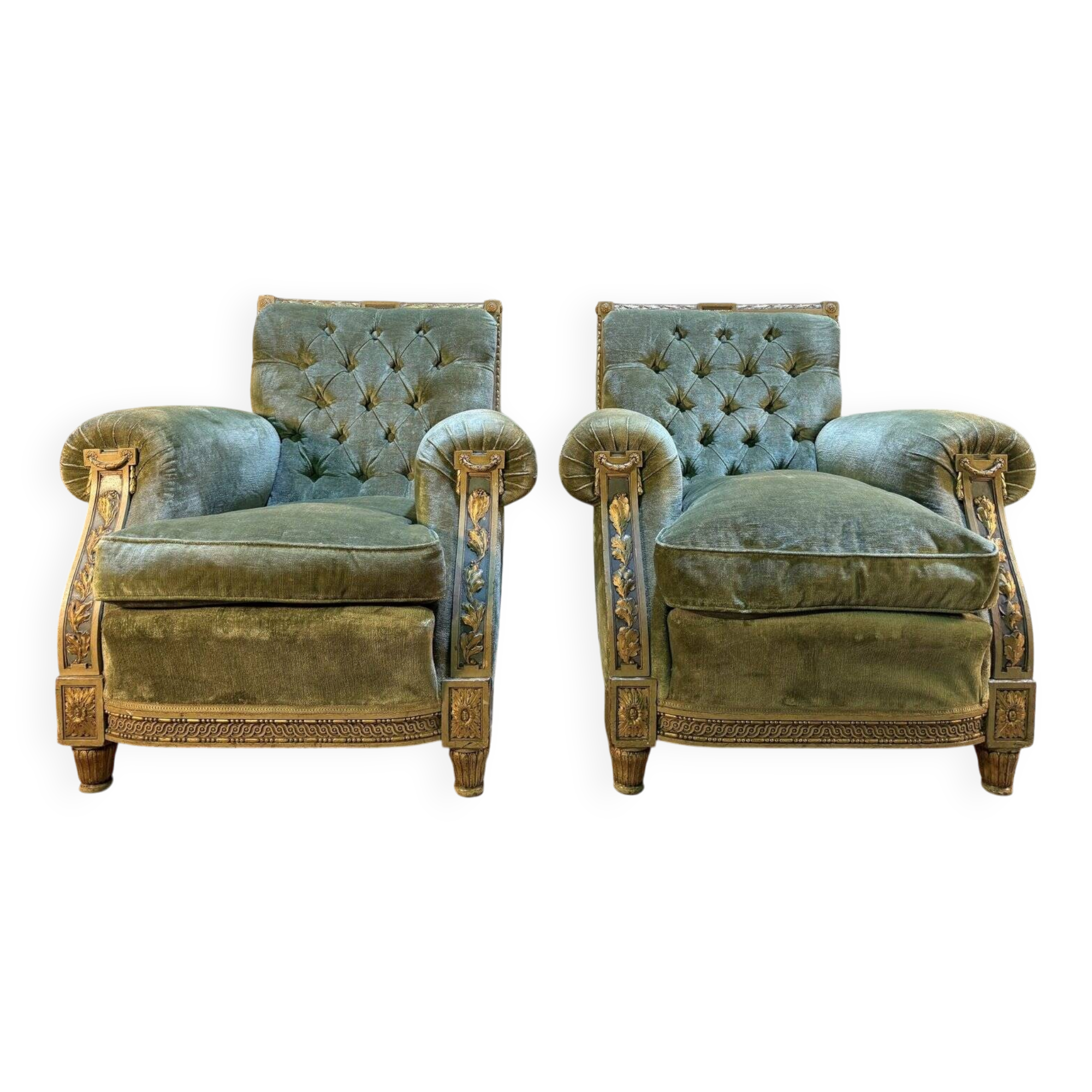 Pair of Club style armchairs / Louis XVI in gilded wood