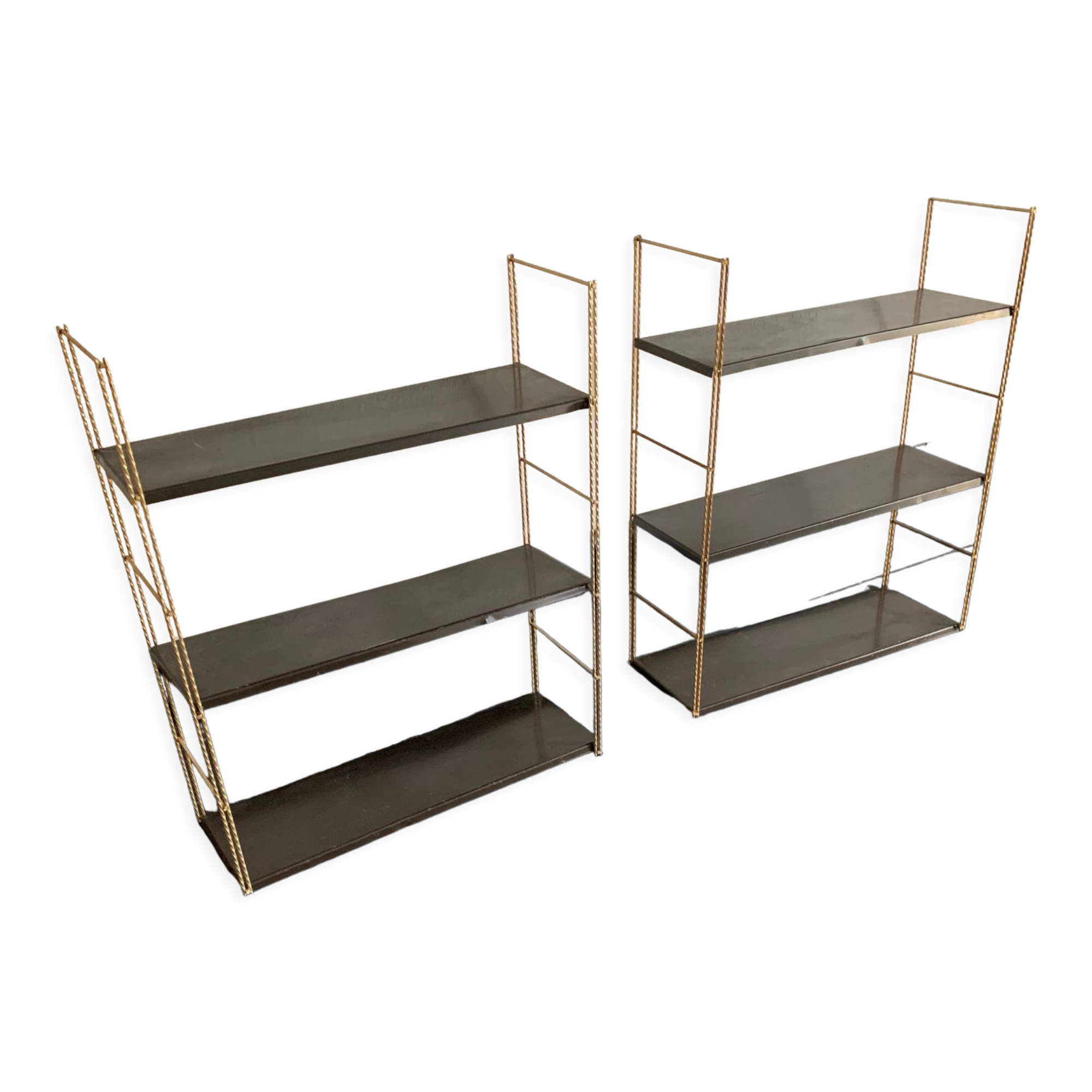 Paire étagères vintage 1960 string chocolat dorée  - 144 x 58 cm