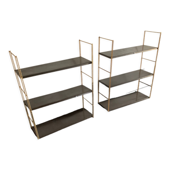 Pair shelves vintage 1960 string chocolate gold - 144 x 58 cm