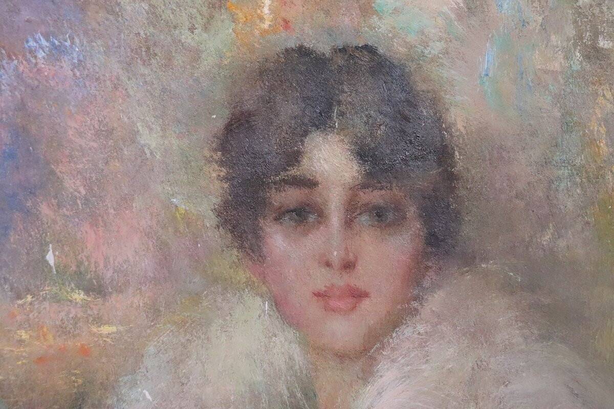 Oil painting on canvas, portrait of a young woman, Italy signed and dated 1917