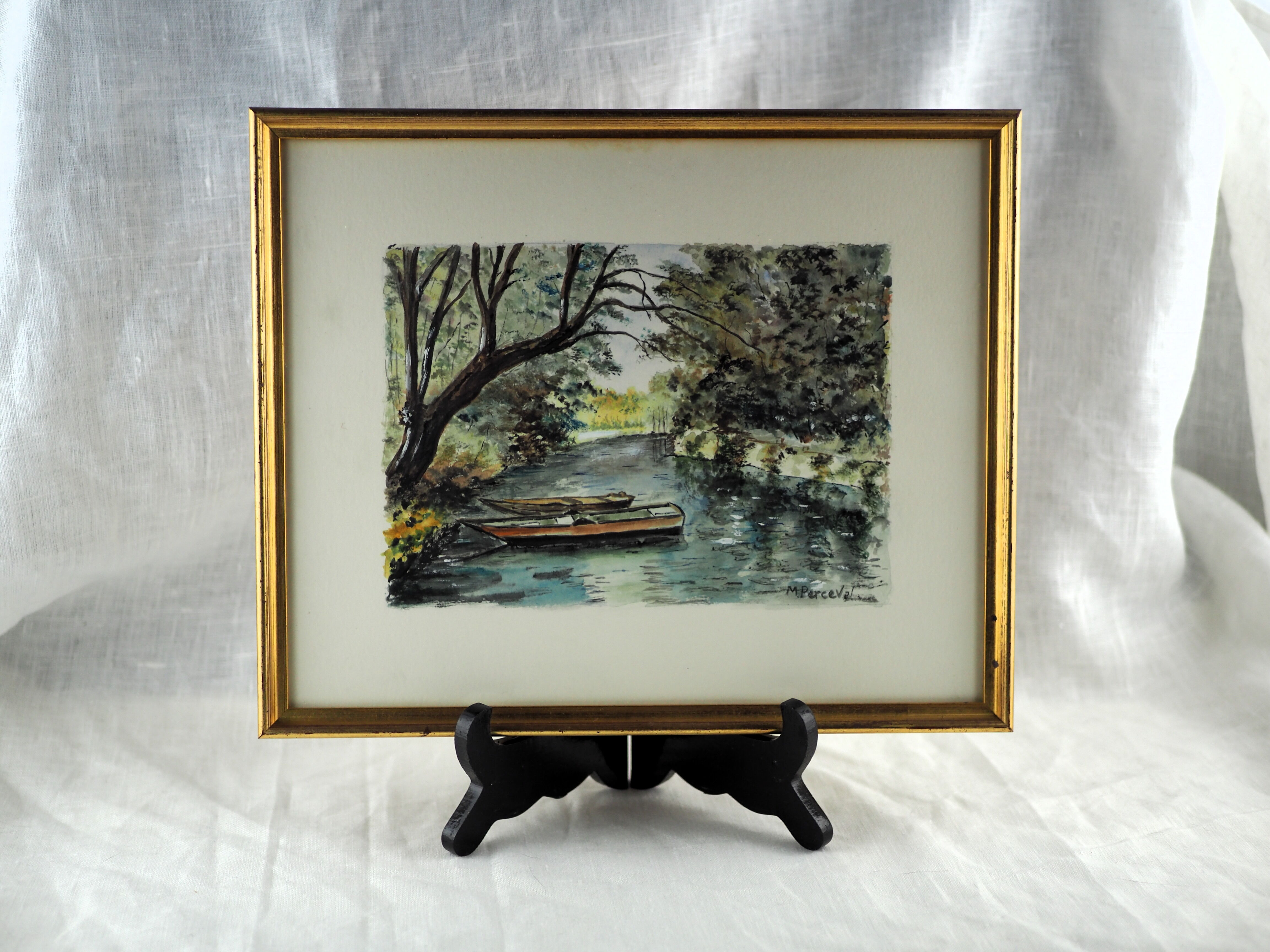 River and its two boats overlooked by a falling willow - Monique Perceval