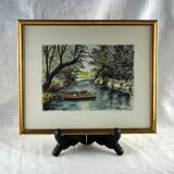 River and its two boats overlooked by a falling willow - Monique Perceval