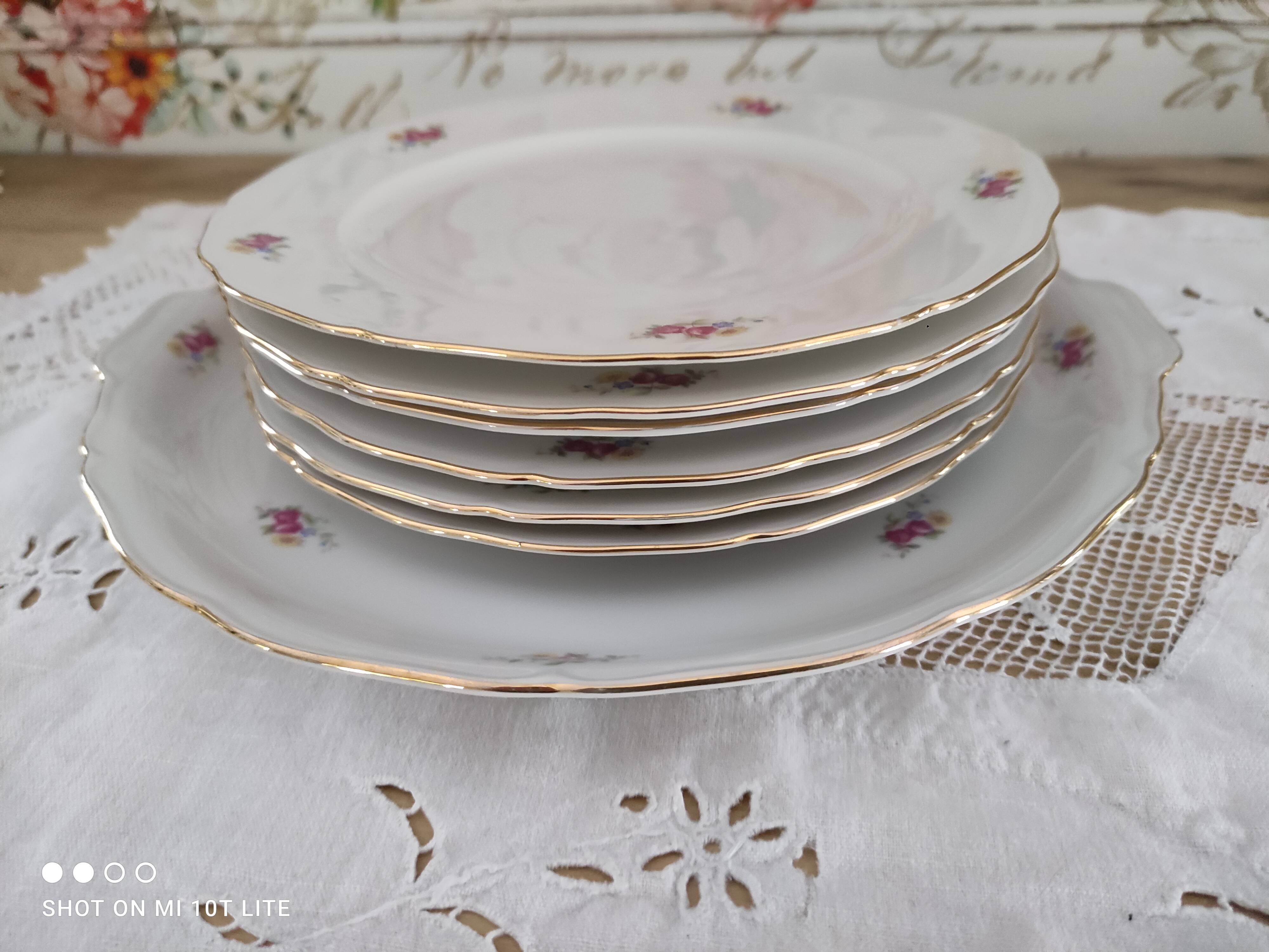 Dessert service 6 people 7 pieces porcelain Bavaria white decoration roses field flowers