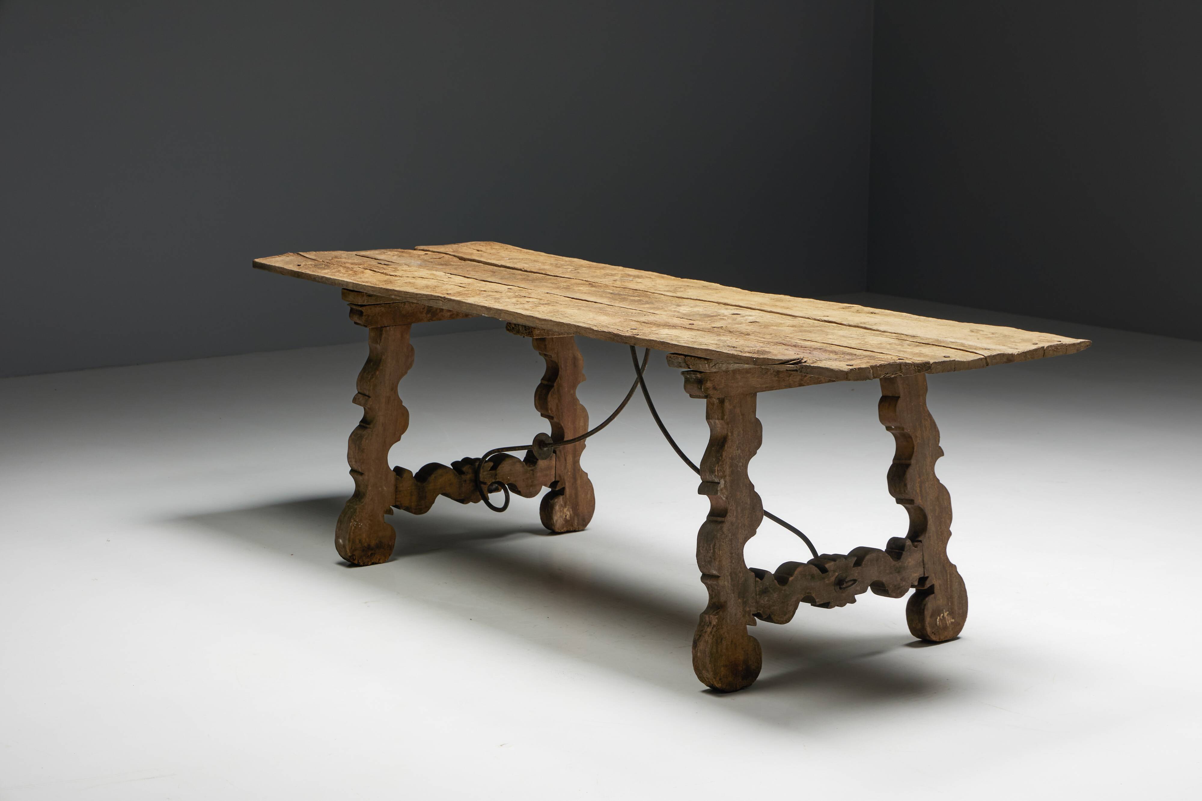 Table à Tréteaux Rustique d'Art Populaire, Espagne, 19ème Siècle