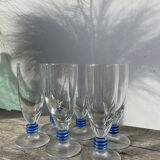 6 clear champagne flutes with blue stems, designer style